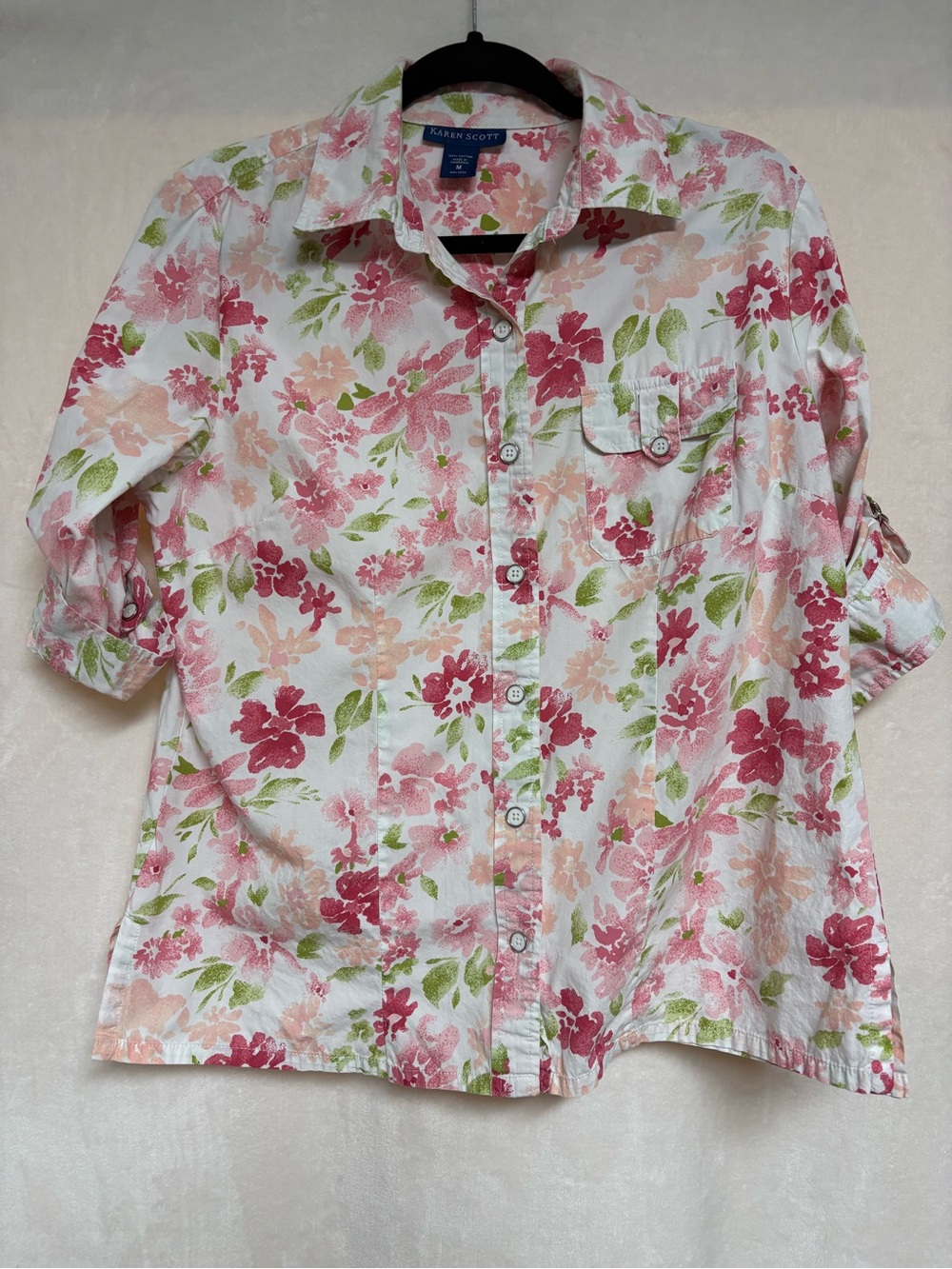Karen Scott Floral Button-Down Shirt - Pink, Green
